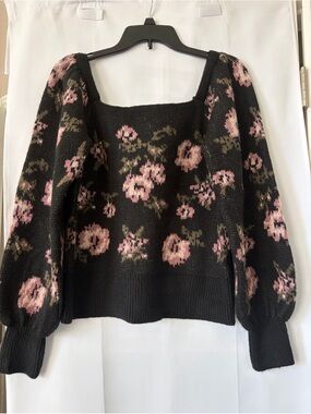 Anthropologie Square-Neck Floral Puff-Sleeve Sweater size medium